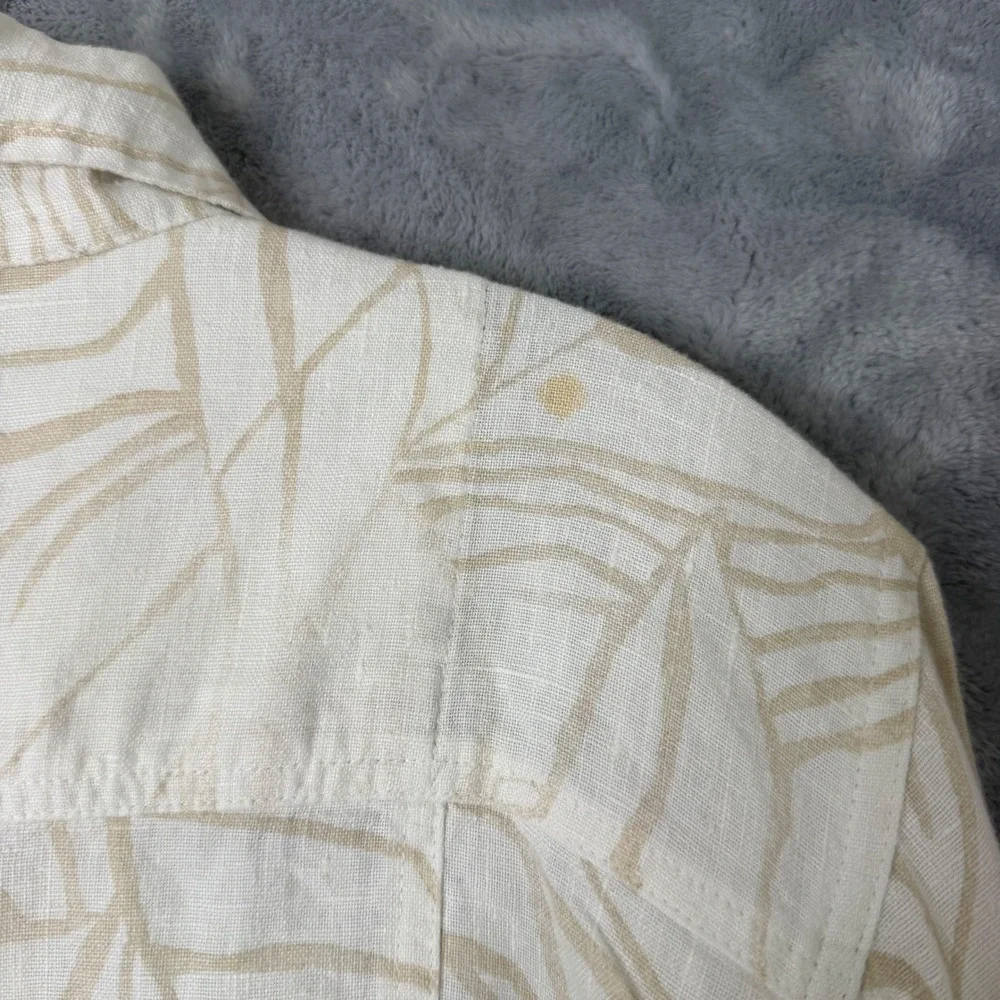 Chico's 100% Linen Trucker Jacket Shacket Womens L‎ White Beige Printed Boho